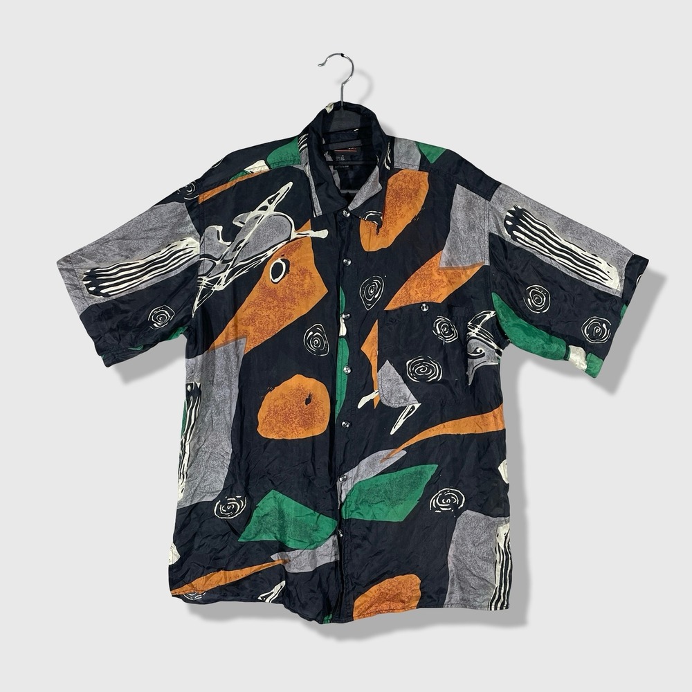 Surprise Silk Button Up Shirt Mens Medium Black Abstract Geometric Art Deco 90s